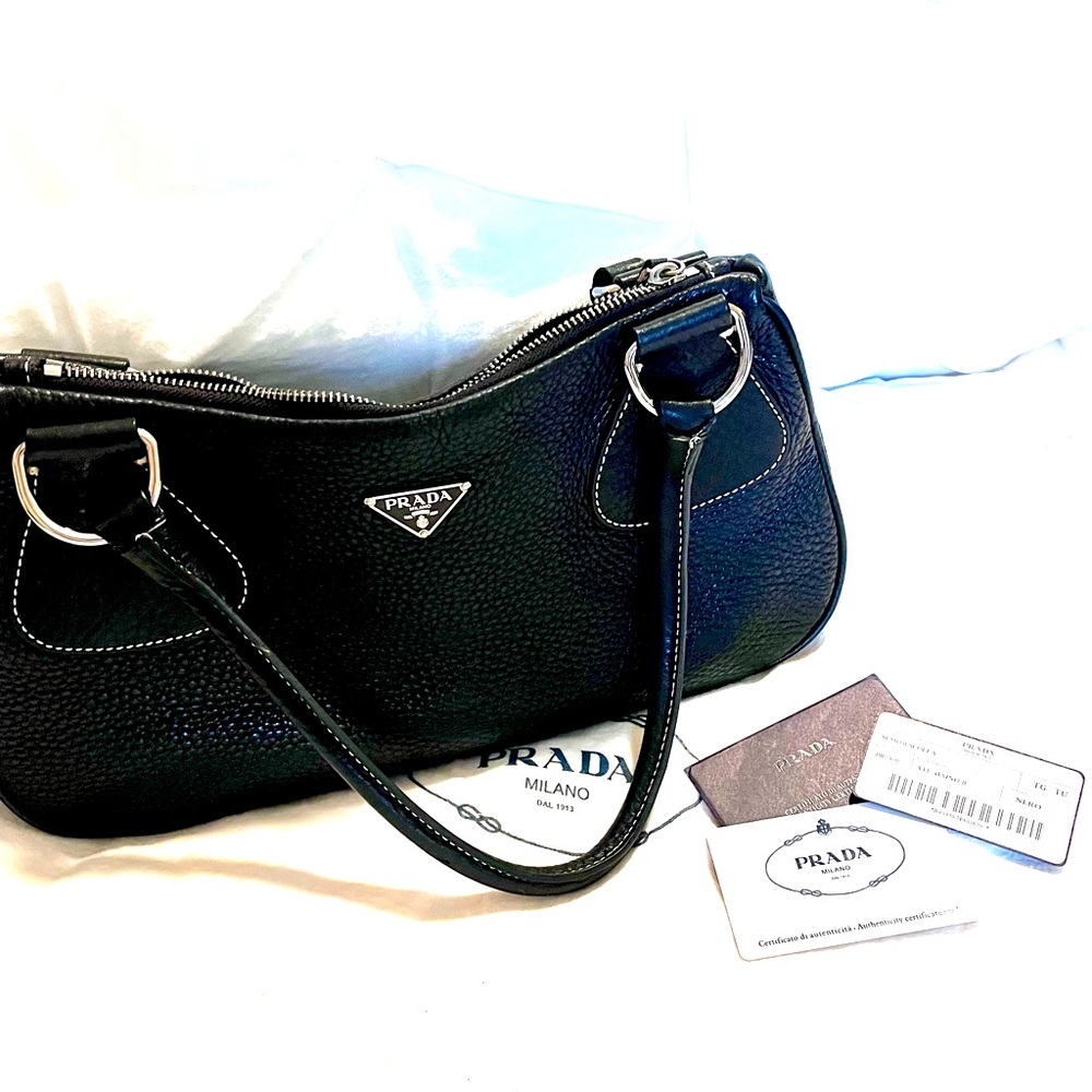 Vintage Prada Black Leather Bowling Handbag, Gorgeous w Dust Bag!